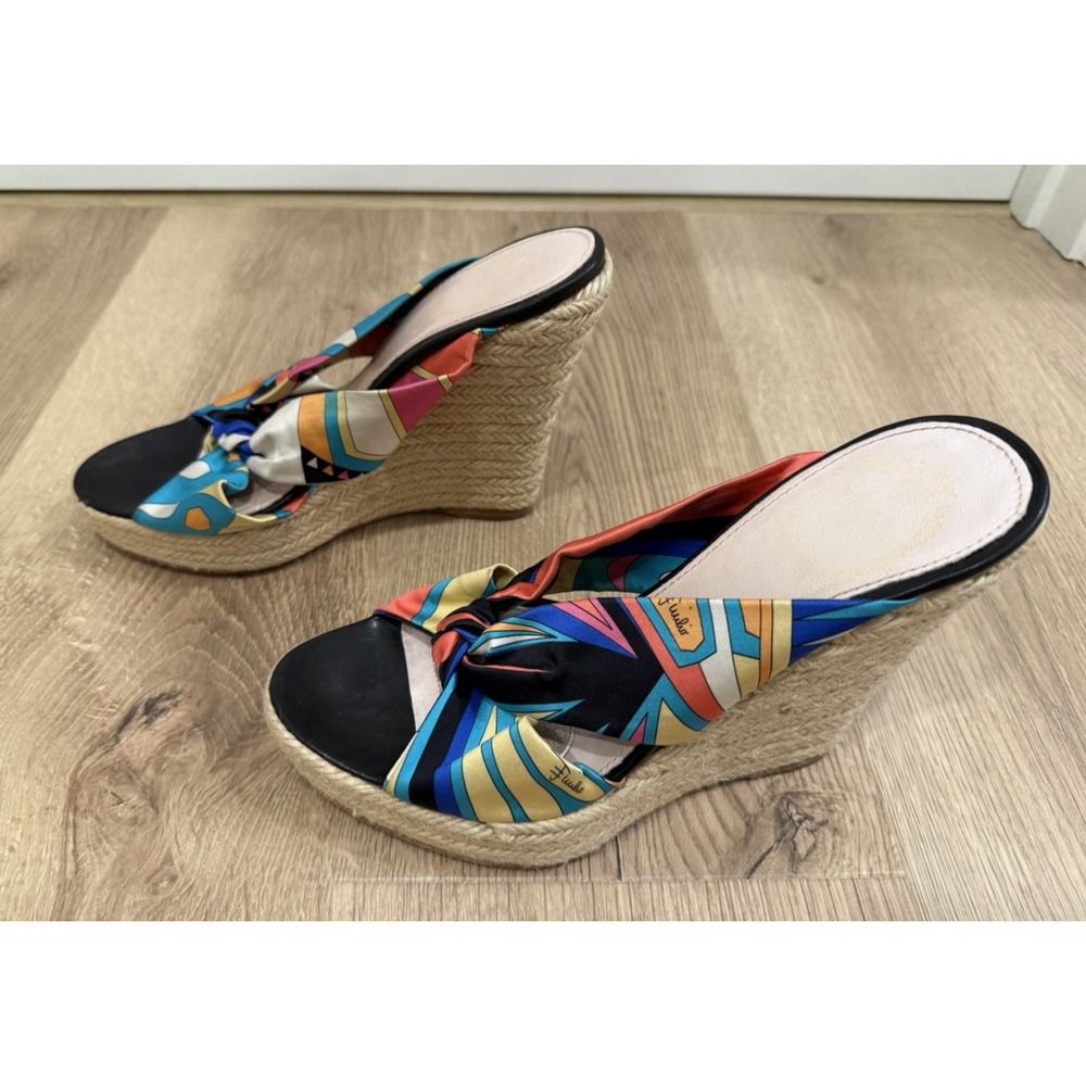 EMILIO PUCCI Wedge Platform Sandals Black/Blue Geometric 40 Made in Spain Y2K - Picture 2 of 8